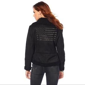 Americana Studded Faux Suede Sherpa jacket-Black Small